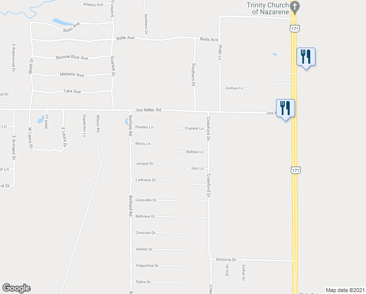 map of restaurants, bars, coffee shops, grocery stores, and more near 512 Bobbie Lane in Lake Charles