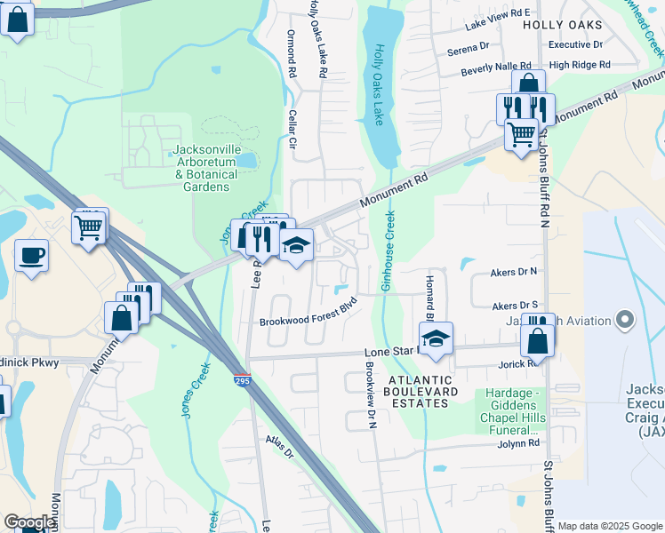 map of restaurants, bars, coffee shops, grocery stores, and more near 5 Fromage Way in Jacksonville