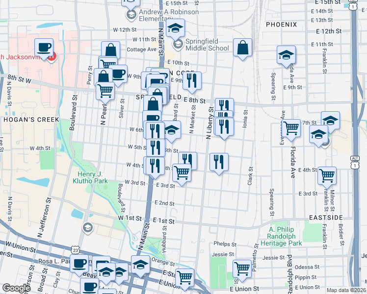 map of restaurants, bars, coffee shops, grocery stores, and more near 1507 Hubbard Street in Jacksonville