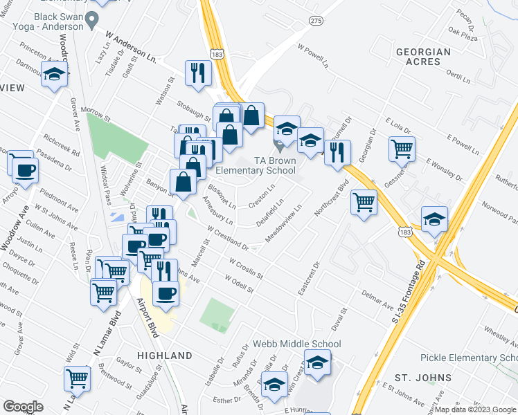 map of restaurants, bars, coffee shops, grocery stores, and more near 7511 Creston Lane in Austin