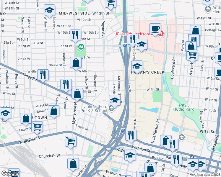 map of restaurants, bars, coffee shops, grocery stores, and more near 1409 Cleveland Street in Jacksonville