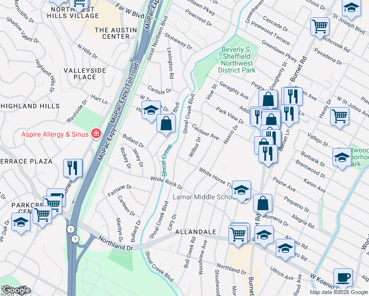 map of restaurants, bars, coffee shops, grocery stores, and more near 6307 Shoal Creek Blvd in Austin