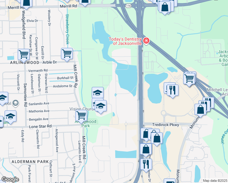 map of restaurants, bars, coffee shops, grocery stores, and more near 1670 Mathews Manor Drive in Jacksonville