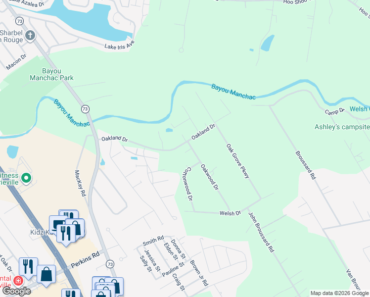 map of restaurants, bars, coffee shops, grocery stores, and more near 18645 Oakwood Drive in Prairieville