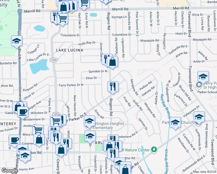 map of restaurants, bars, coffee shops, grocery stores, and more near 1914 Rogero Road in Jacksonville