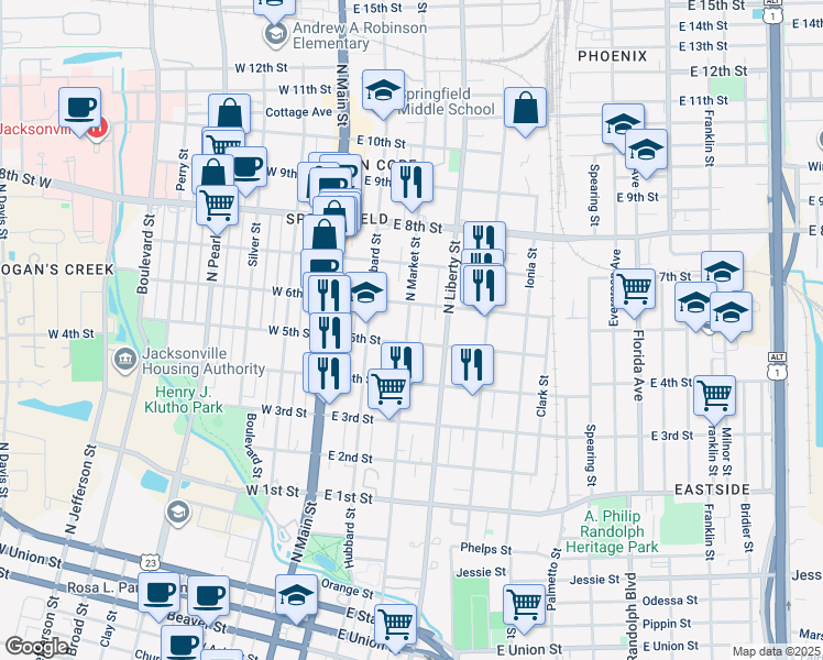 map of restaurants, bars, coffee shops, grocery stores, and more near 1517 North Market Street in Jacksonville