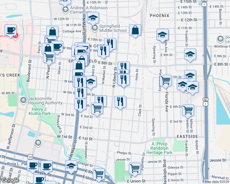 map of restaurants, bars, coffee shops, grocery stores, and more near 1525 North Liberty Street in Jacksonville