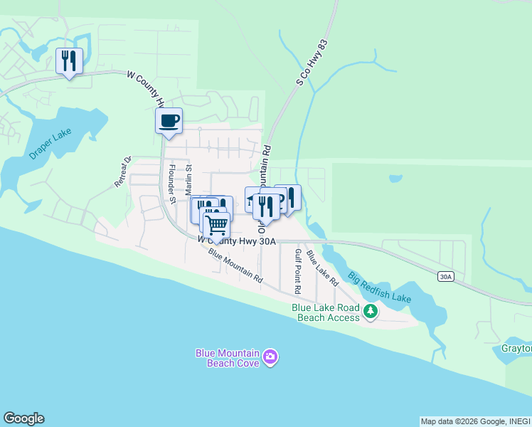 map of restaurants, bars, coffee shops, grocery stores, and more near 150 Cabana Trail in Santa Rosa Beach