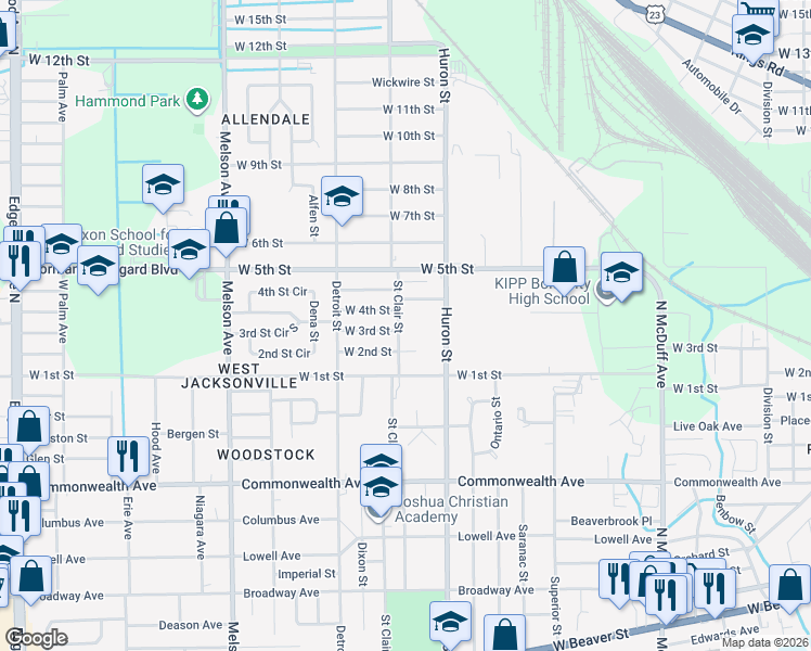 map of restaurants, bars, coffee shops, grocery stores, and more near 1303 Saint Clair Street in Jacksonville