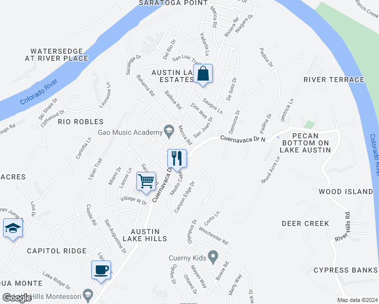 map of restaurants, bars, coffee shops, grocery stores, and more near 2002 Cuernavaca Drive North in Austin