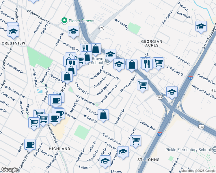 map of restaurants, bars, coffee shops, grocery stores, and more near 7603 Delafield Lane in Austin