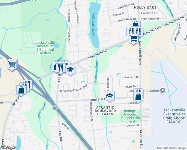map of restaurants, bars, coffee shops, grocery stores, and more near 10303 Brookwood Bluff Road South in Jacksonville