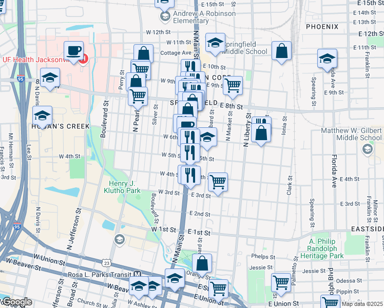 map of restaurants, bars, coffee shops, grocery stores, and more near 1501 North Main Street in Jacksonville