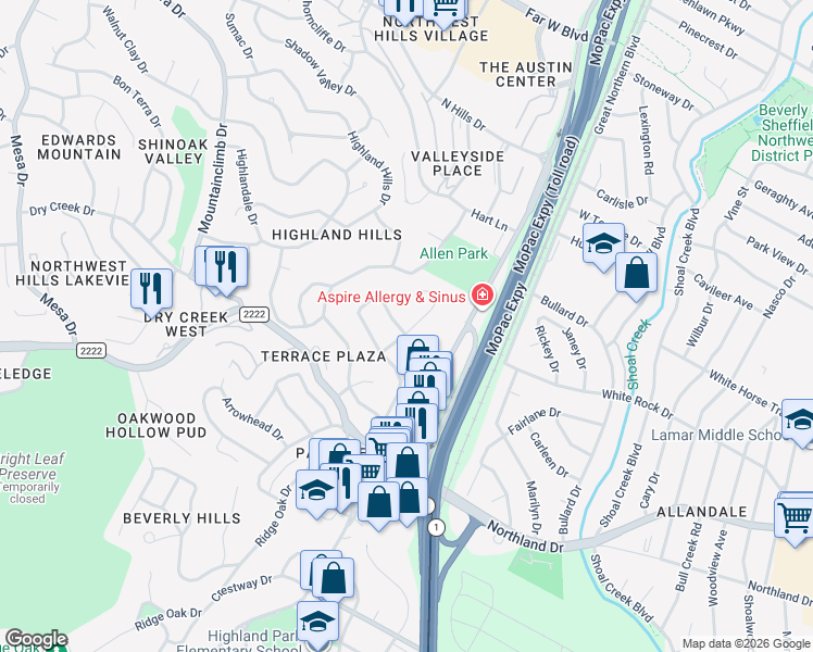 map of restaurants, bars, coffee shops, grocery stores, and more near 5900 Overlook Dr in Austin