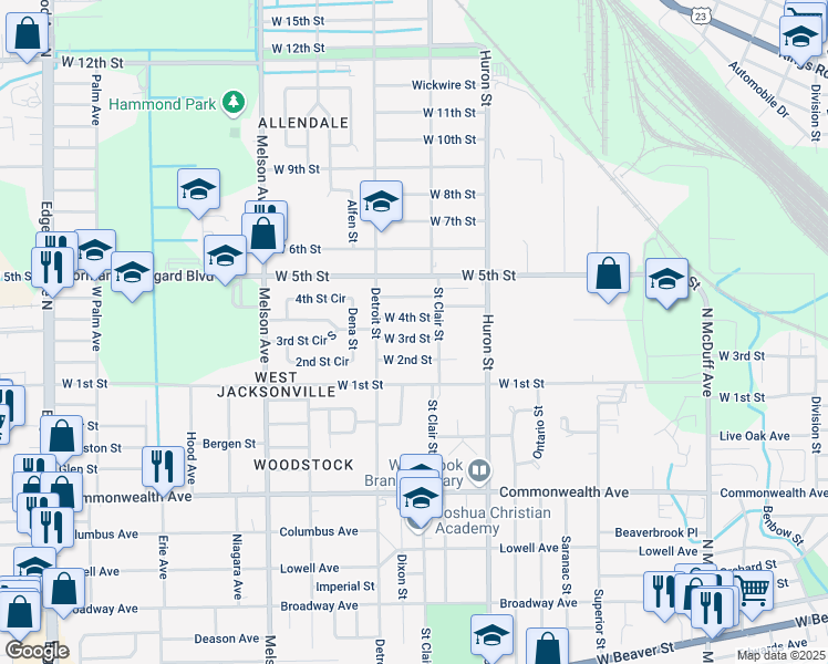map of restaurants, bars, coffee shops, grocery stores, and more near 2929 West 3rd Street in Jacksonville