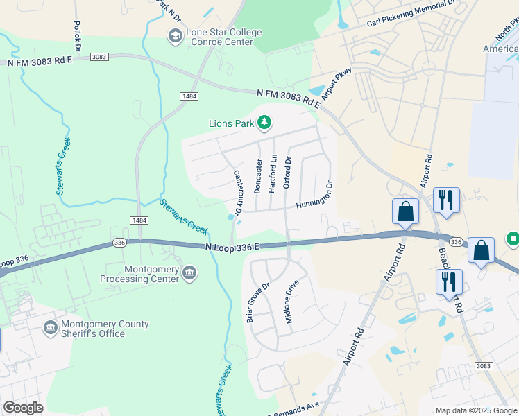 map of restaurants, bars, coffee shops, grocery stores, and more near 200 Doncaster in Conroe