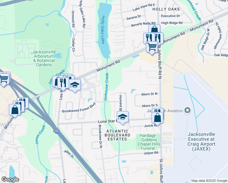 map of restaurants, bars, coffee shops, grocery stores, and more near 10389 Brookwood Bluff Road North in Jacksonville