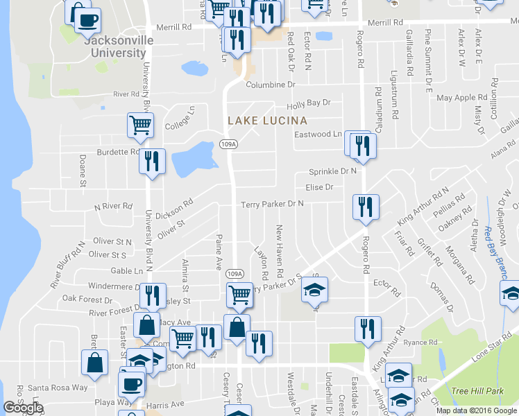 map of restaurants, bars, coffee shops, grocery stores, and more near 1962 Shelton Road in Jacksonville