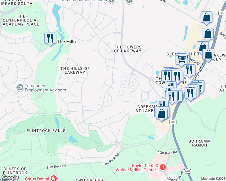 map of restaurants, bars, coffee shops, grocery stores, and more near 10 Parkside Road in The Hills