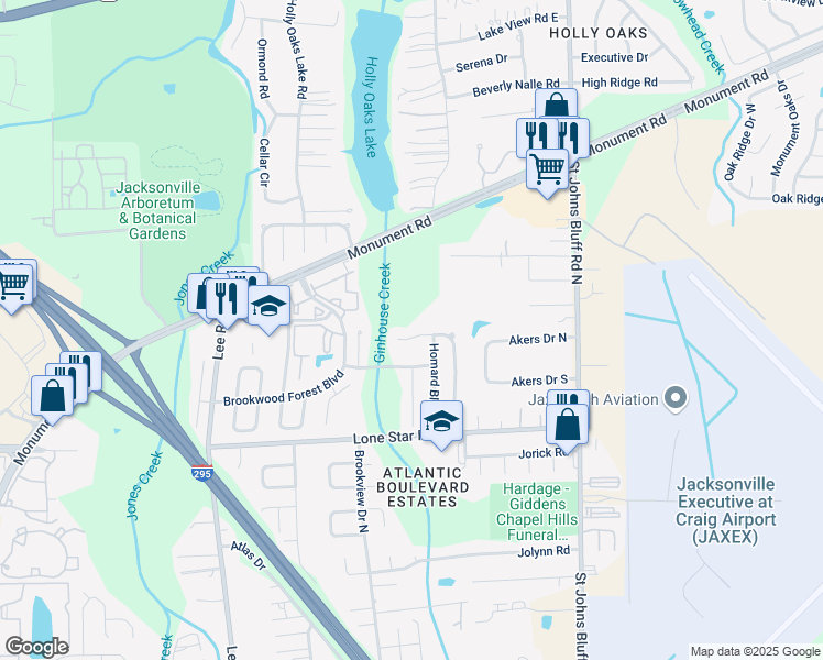 map of restaurants, bars, coffee shops, grocery stores, and more near 10389 Brookwood Bluff Road North in Jacksonville