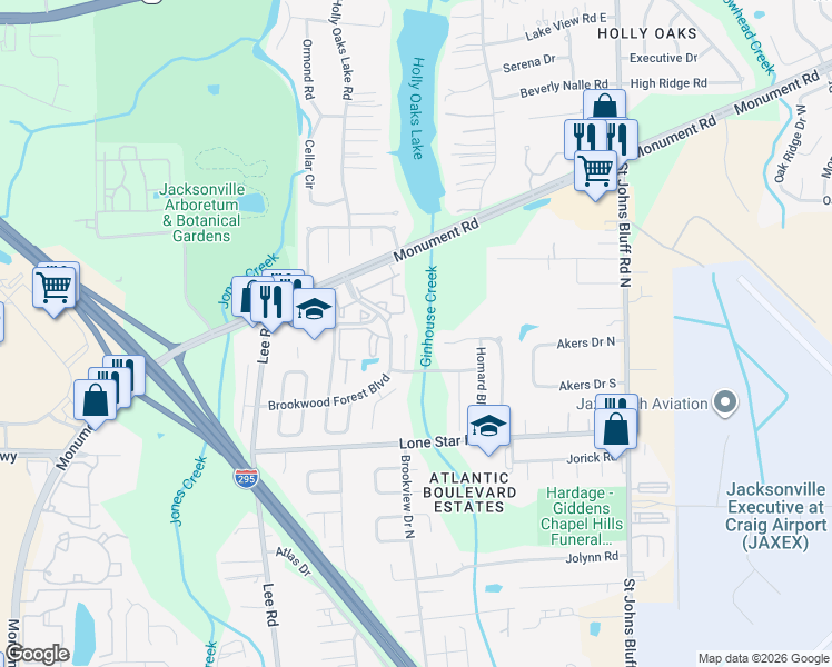 map of restaurants, bars, coffee shops, grocery stores, and more near 10303 Brookwood Bluff Road South in Jacksonville