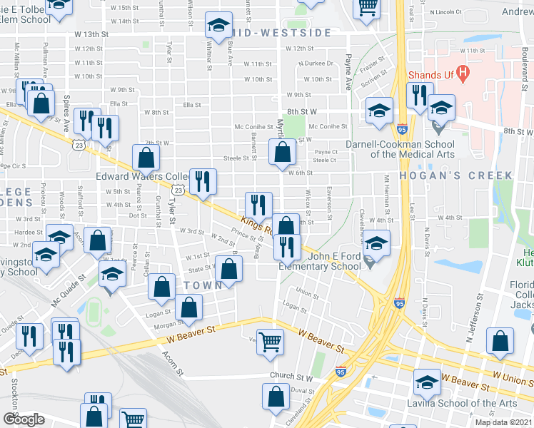 map of restaurants, bars, coffee shops, grocery stores, and more near 1415 Brady Street in Jacksonville