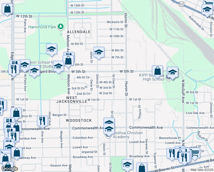 map of restaurants, bars, coffee shops, grocery stores, and more near 2929 West 3rd Street in Jacksonville