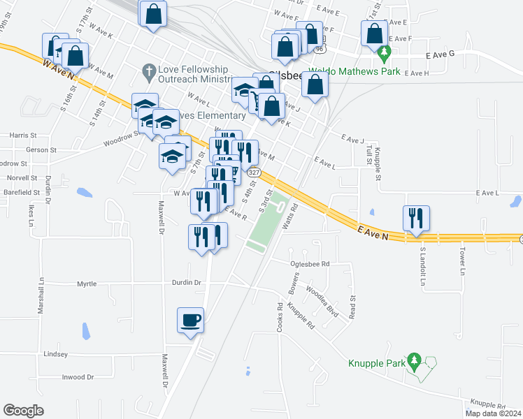 map of restaurants, bars, coffee shops, grocery stores, and more near 701-799 South 3rd Street in Silsbee