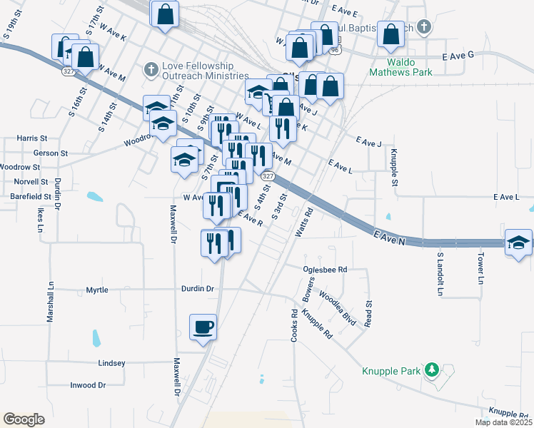 map of restaurants, bars, coffee shops, grocery stores, and more near 755 South 4th Street in Silsbee