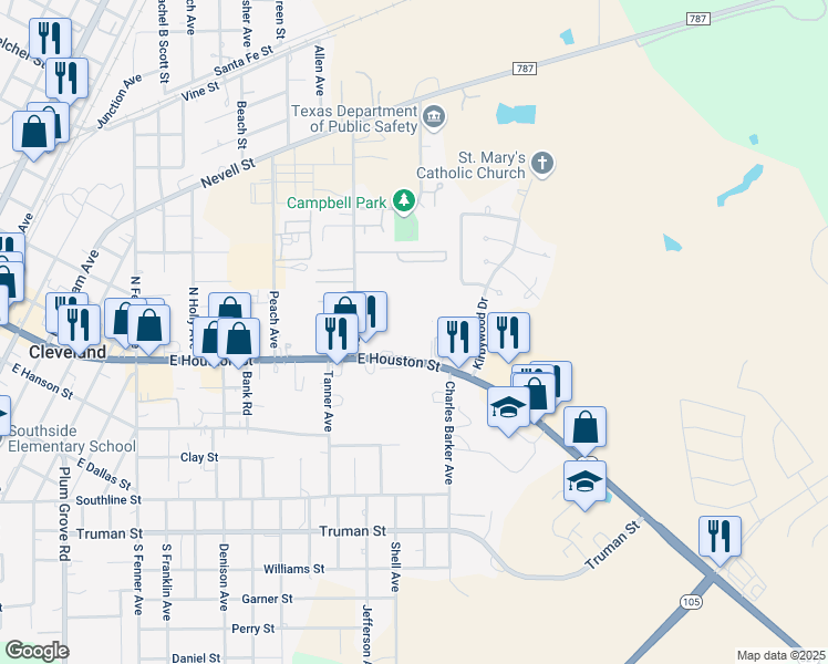 map of restaurants, bars, coffee shops, grocery stores, and more near 303 Sleepy Hollow Drive in Cleveland
