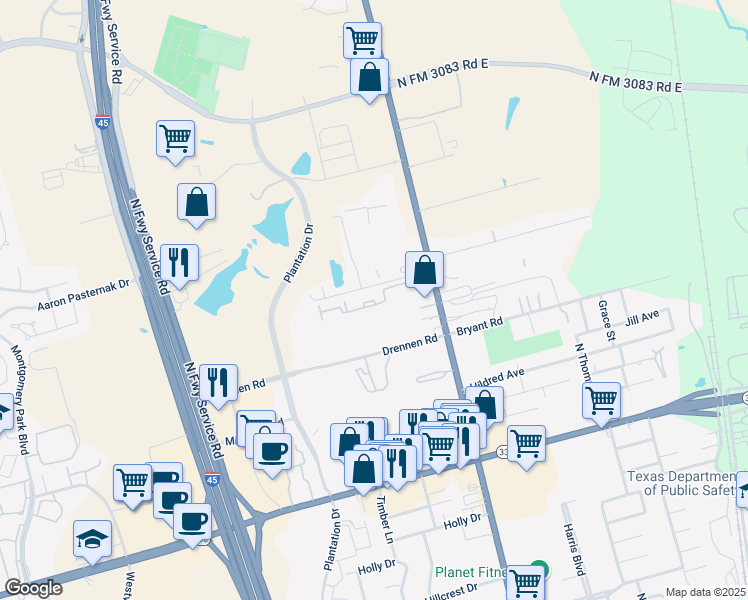 map of restaurants, bars, coffee shops, grocery stores, and more near 2455 North Frazier Street in Conroe