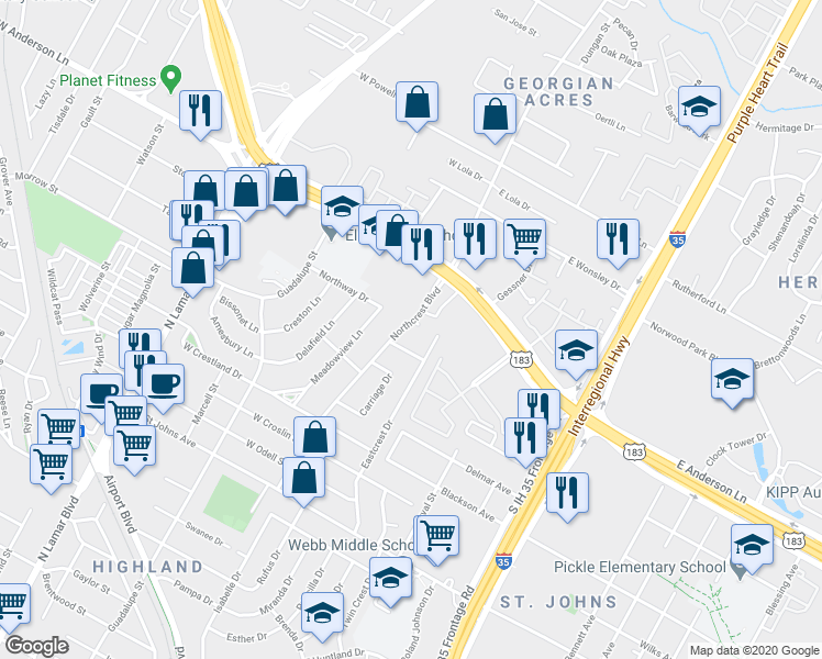 map of restaurants, bars, coffee shops, grocery stores, and more near 104 Northcrest Boulevard in Austin