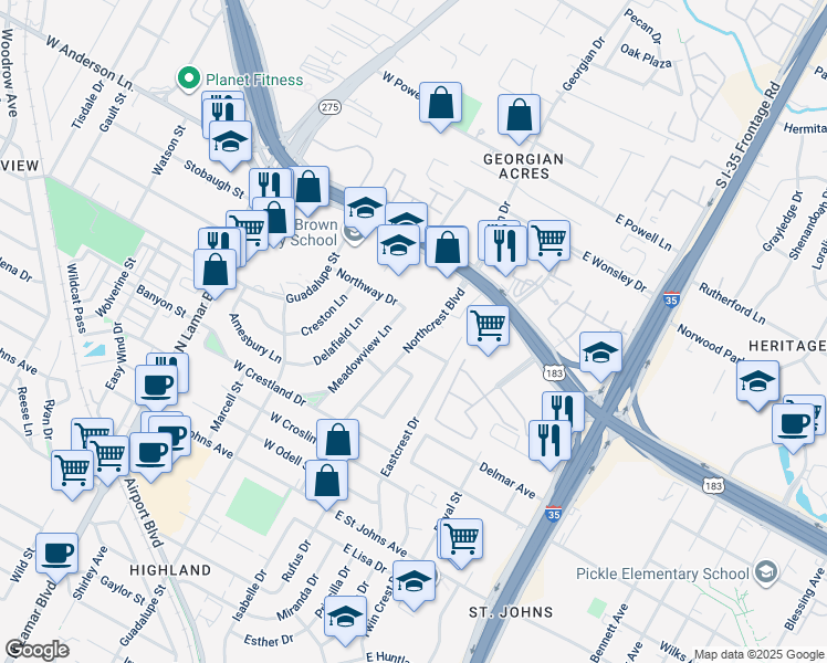 map of restaurants, bars, coffee shops, grocery stores, and more near 104 Northcrest Boulevard in Austin