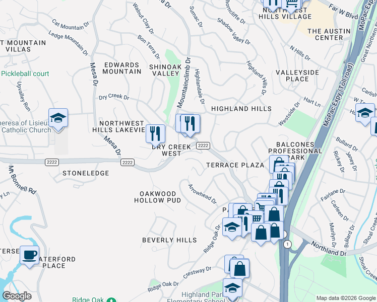 map of restaurants, bars, coffee shops, grocery stores, and more near 3845 Ranch Road 2222 in Austin