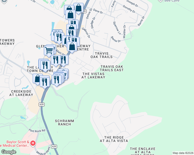 map of restaurants, bars, coffee shops, grocery stores, and more near 15121 Glen Heather Drive in Lakeway