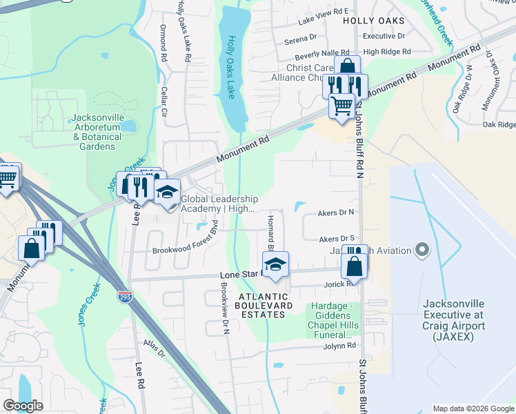 map of restaurants, bars, coffee shops, grocery stores, and more near 10361 Brookwood Bluff Road North in Jacksonville