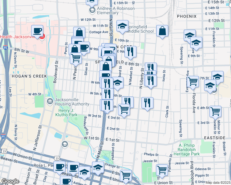 map of restaurants, bars, coffee shops, grocery stores, and more near 1514 Hubbard Street in Jacksonville