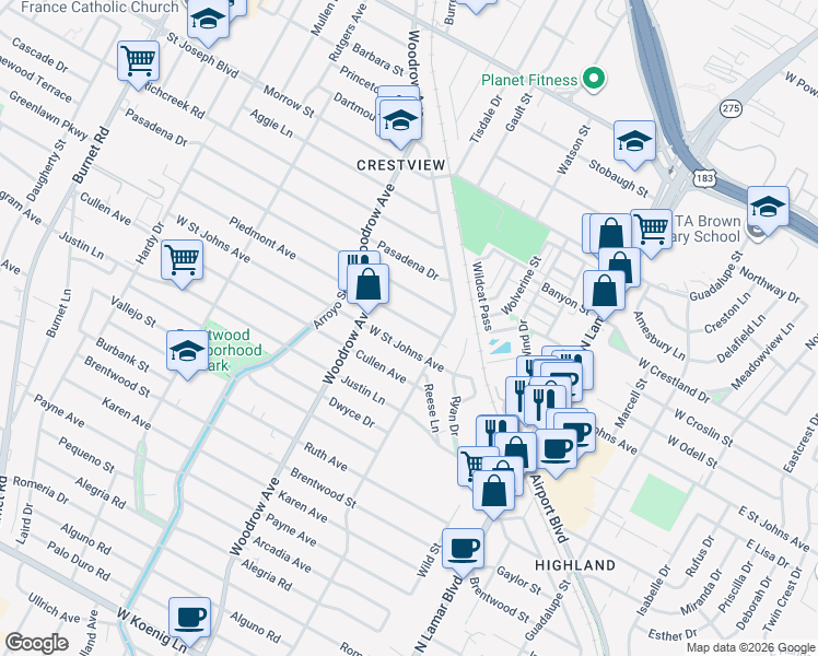 map of restaurants, bars, coffee shops, grocery stores, and more near 1215 Piedmont Avenue in Austin