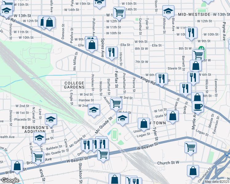 map of restaurants, bars, coffee shops, grocery stores, and more near 1324 Fairfax Street in Jacksonville