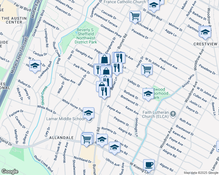 map of restaurants, bars, coffee shops, grocery stores, and more near 6701 Burnet Road in Austin