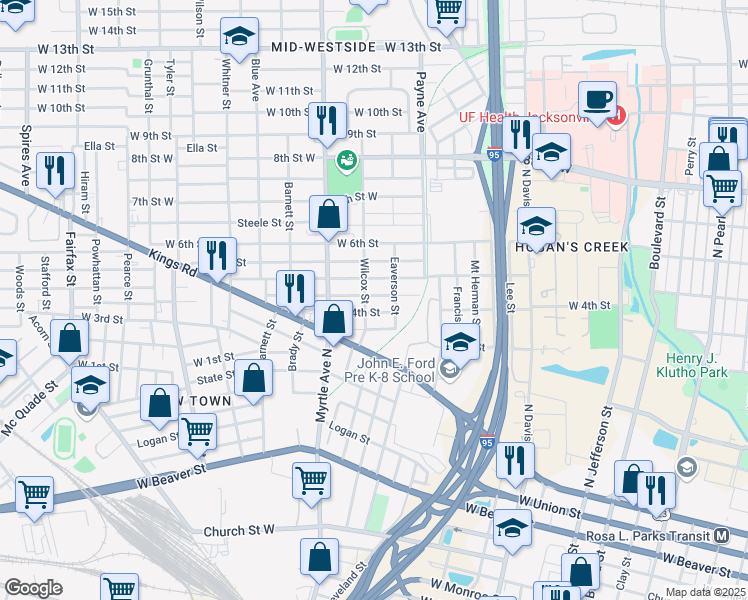 map of restaurants, bars, coffee shops, grocery stores, and more near 1210 Hart Street in Jacksonville