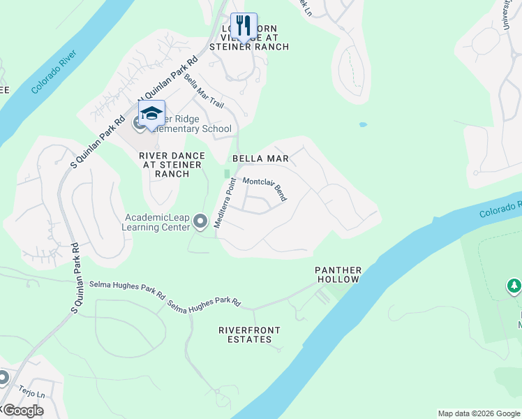 map of restaurants, bars, coffee shops, grocery stores, and more near 12005 Montclair Bend in Austin