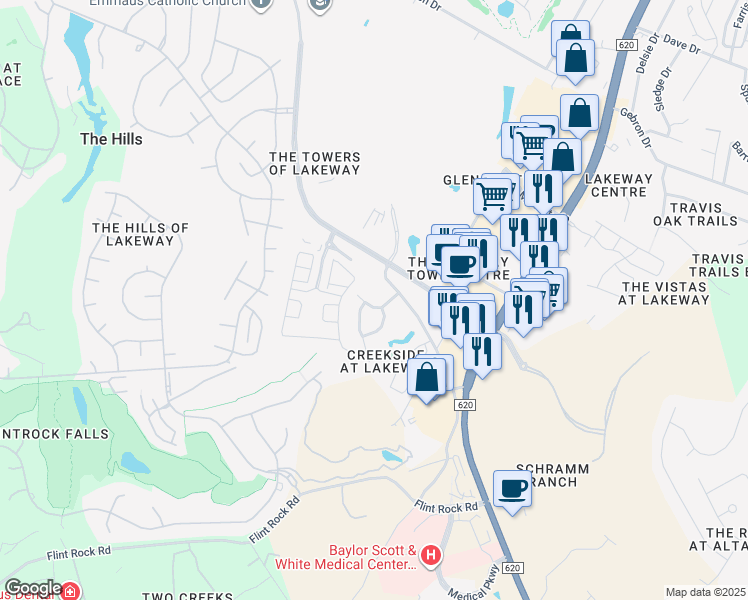map of restaurants, bars, coffee shops, grocery stores, and more near 204 Meadowland Drive in Austin