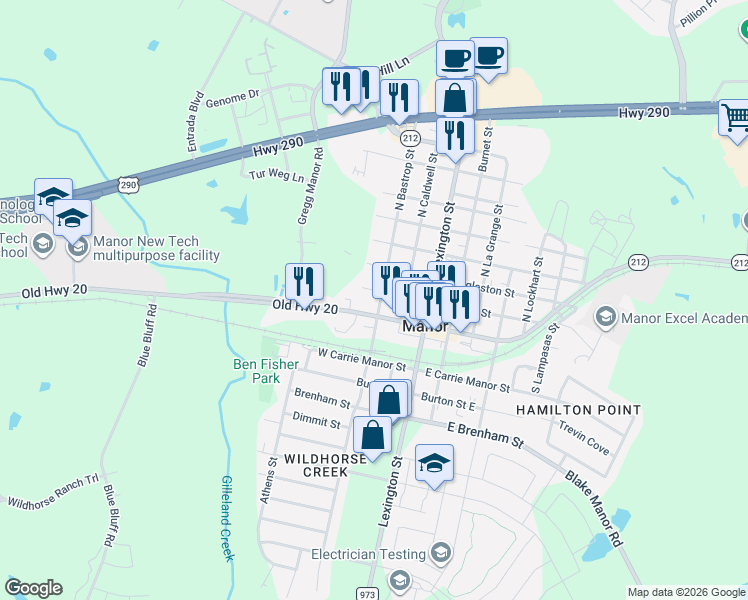 map of restaurants, bars, coffee shops, grocery stores, and more near 107 South Bastrop Street in Manor