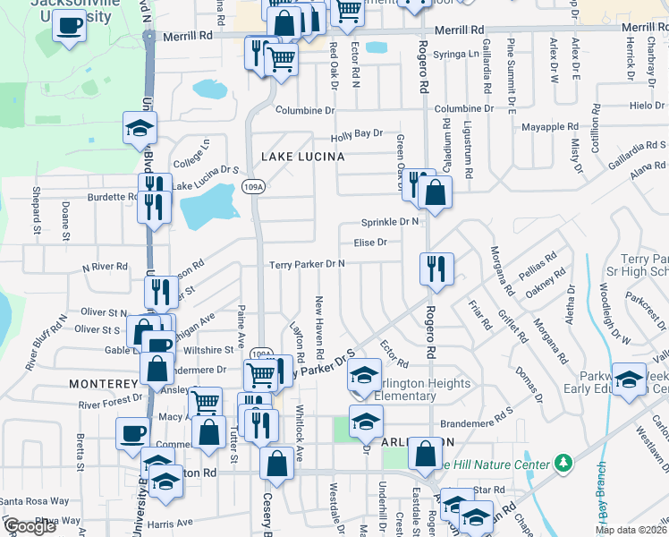 map of restaurants, bars, coffee shops, grocery stores, and more near 1944 Sprinkle Drive in Jacksonville