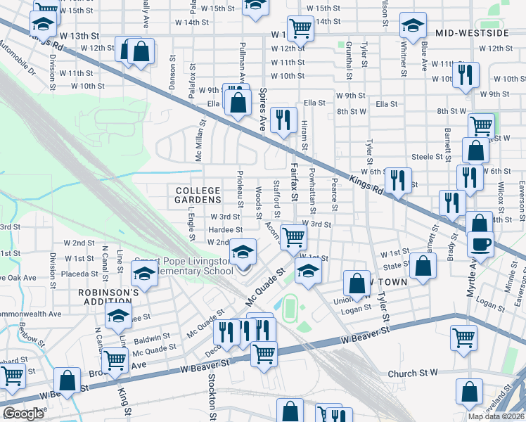 map of restaurants, bars, coffee shops, grocery stores, and more near 1319 Woods Street in Jacksonville