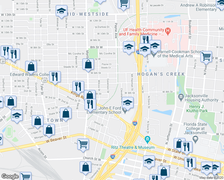 map of restaurants, bars, coffee shops, grocery stores, and more near 1124 Hart Street in Jacksonville