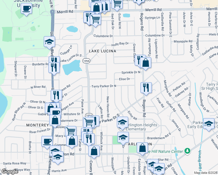 map of restaurants, bars, coffee shops, grocery stores, and more near 1944 Sprinkle Drive in Jacksonville