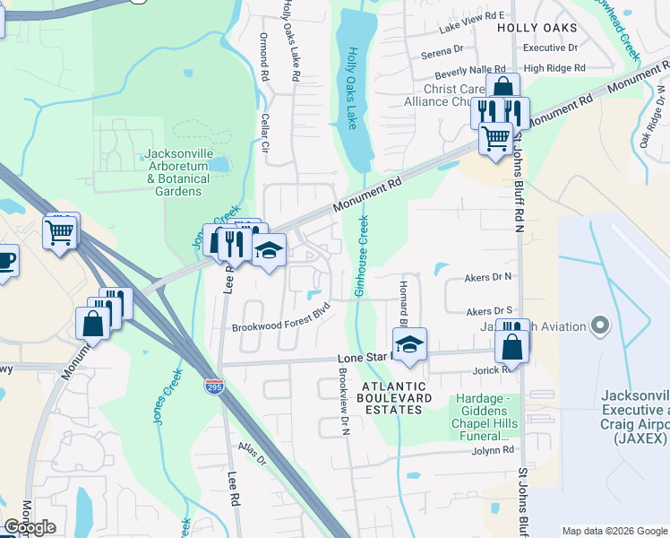 map of restaurants, bars, coffee shops, grocery stores, and more near 1259 Brookwood Forest Boulevard in Jacksonville