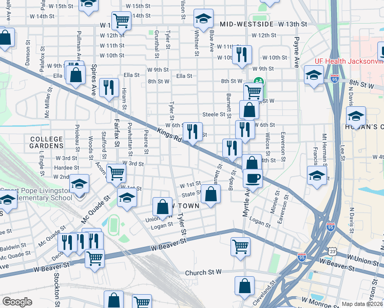 map of restaurants, bars, coffee shops, grocery stores, and more near 1520 Dot Street in Jacksonville